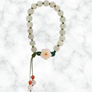 Adjustable Glass Peach Blossom Bracelet - Round Beaded Braided Flower Tassels